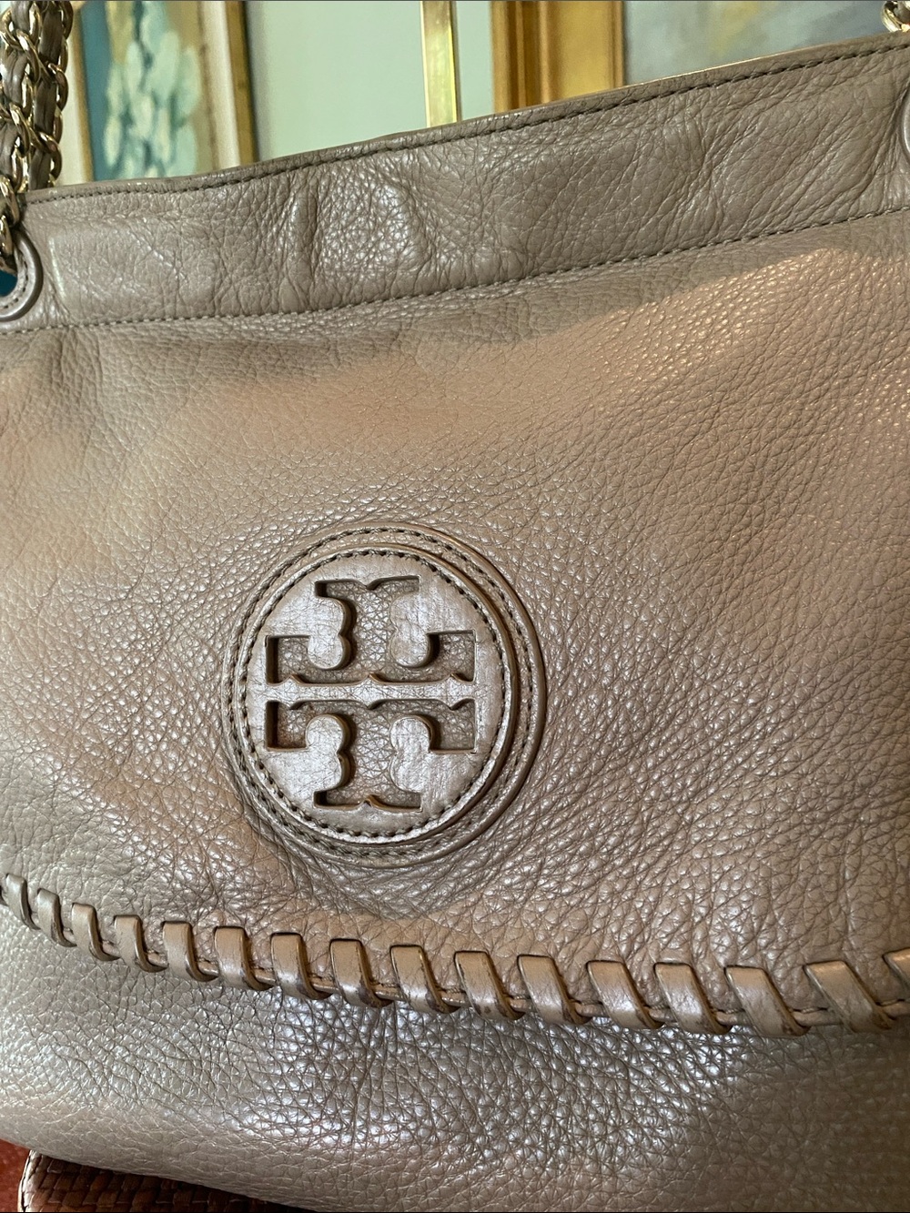 Tory Burch Taupe Leather Marion Saddle Bag Purse. - Picture 2 of 11
